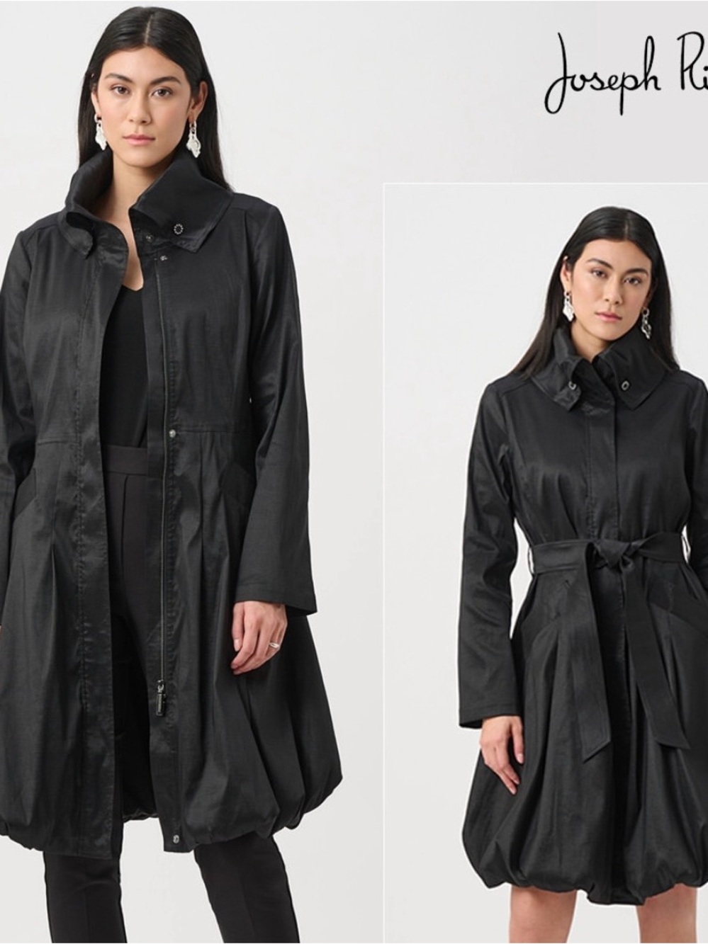 *RARE* Joseph Ribkoff Black Bubble-Hem Crinkle Trench Coat with Self-Tie Waist